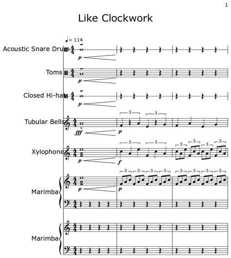 Like Clockwork - Sheet music for Acoustic Snare Drum, Marching Tenor Drums, Closed Hi-hat ...