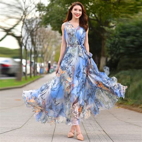 V Neck Flowy Bohemian Chiffon Floral Long Plus Size Summer Wedding Guest Beach Holiday Floryday ...