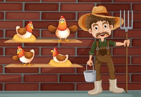 Free Vector | A farmer beside the four hens | Cartoon chicken, Farm cartoon, Farm with animals