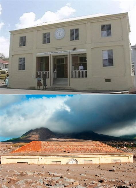 Plymouth Courthouse, Montserrat, before and after 1997 volcano eruptions leaving 80% of the ...