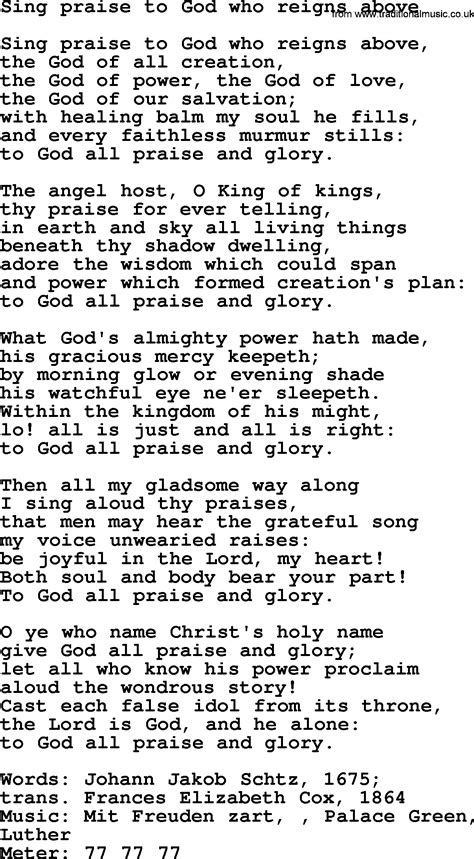 Thanksgiving and Harvest Hymns & Songs: Sing Praise To God Who Reigns Above - lyrics, and PDF