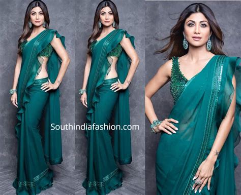 Shilpa Shetty in a green ruffle saree – South India Fashion