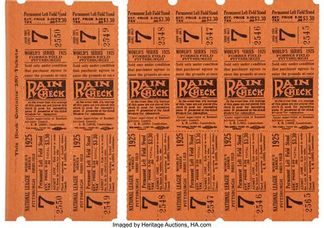 1925 World Series Game Seven Full Tickets Sheet of 6. ... Baseball ...