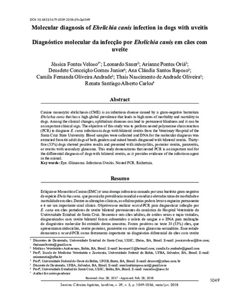 (PDF) Molecular diagnosis of Ehrlichia canis infection in dogs with uveitis | Arianne Pontes ...