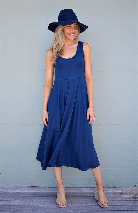 Fan Dress | Women's Merino Wool Indigo Blue Fan Dress with Empire Waistline and Flared Skirt ...