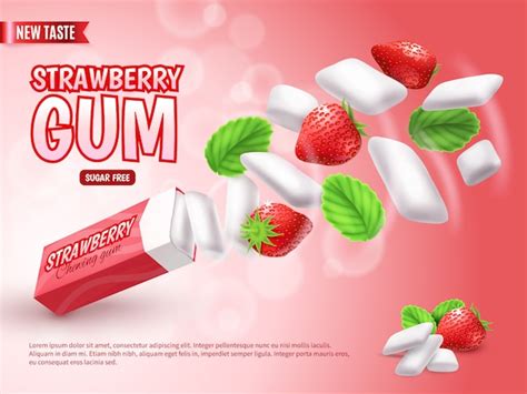 Free Vector | Chewing gum with strawberry and green leaves on blurred ...