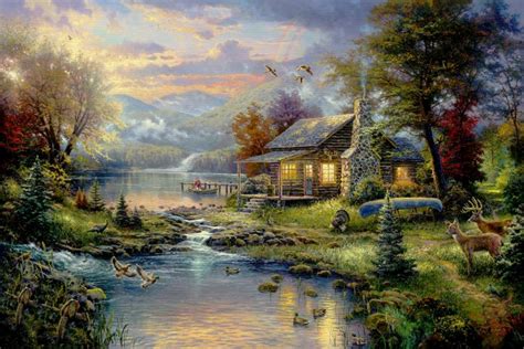 nature pictures,cabin | NATURES PARADISE, art, beautiful, cabin, painting, thomas kinkade ...