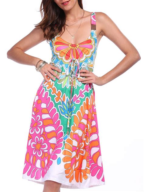 [65% OFF] Ethnic Style Plunging Neck Sleeveless Printed Colorful Dress For Women | Rosegal