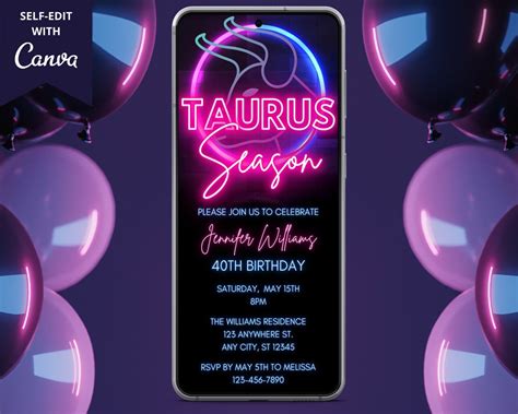 Taurus Zodiac Birthday Digital Invitation, Electronic Party Invite ...