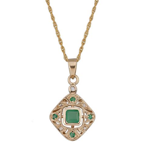 10k Yellow Gold Vintage Style Emerald and Diamond Pendant Necklace | eBay