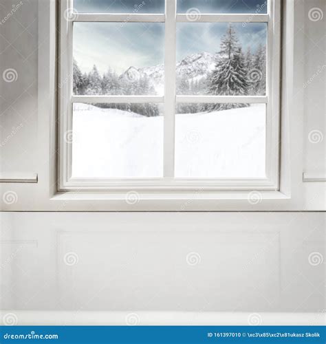 Snowy Winter Background Outside The Window. Empty Space For Products ...