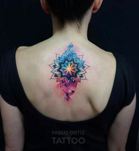 Vibrant Watercolor Mandala Back Piece | Best tattoo design ideas