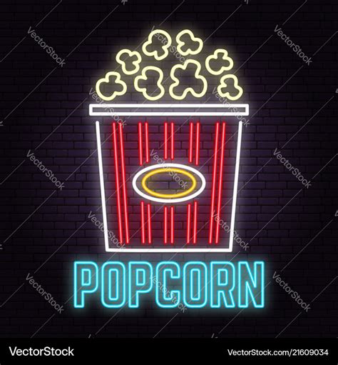 Retro neon popcorn sign on brick wall background Vector Image