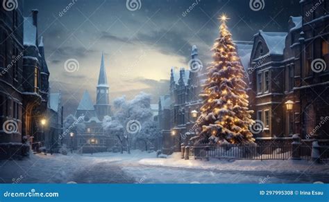 Snowy Evening in a Charming Village with a Brightly Lit Christmas Tree ...