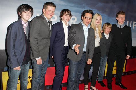 Cast Shot - L- R: Zach Mills, Riley Briffiths, Joel Courtney, J.J. Abrams, Elle Fanning, Ryan ...