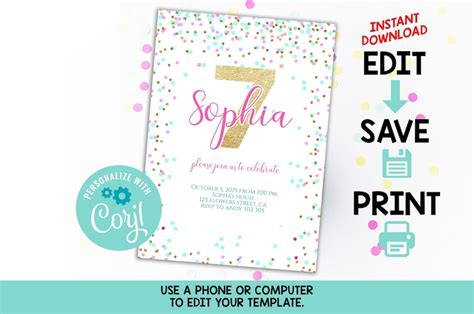 7th Birthday Invitation Editable Pink Gold Confetti Girl 7th - Etsy