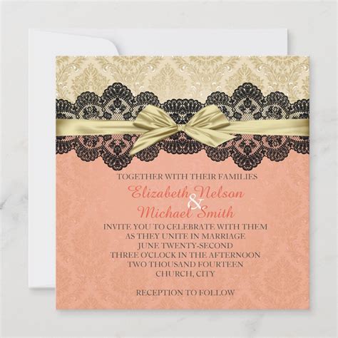 Gold Ribbon Damask Lace Coral Wedding Invite | Zazzle