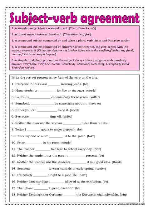 Subject-verb agreement grammar guide: English ESL worksheets pdf & doc