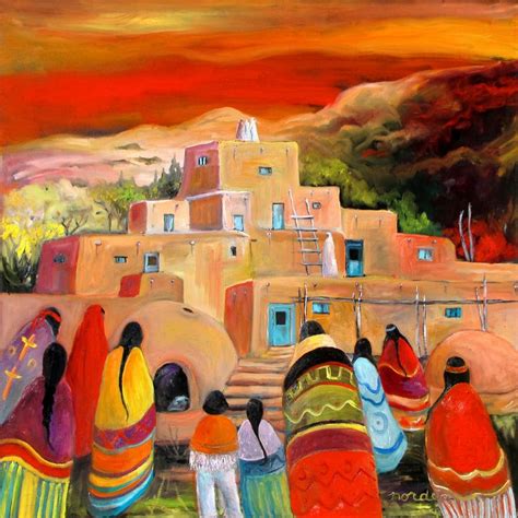 Red Dawn at the Pueblo | Native american paintings, Art deco paintings ...