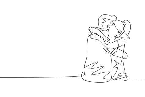 Single continuous line drawing girl is hugging boy with smile. Happy ...