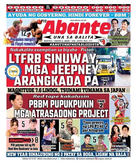 Abante Front Page | Balita ngayong Enero 02, 2024 | Abante