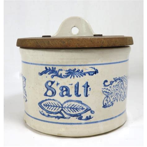 Antique American Blue & White Stoneware Kitchen Salt Box | Chairish