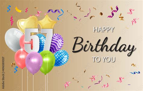 Happy 57th birthday balloons greeting card background vector. Happy birthday background with ...