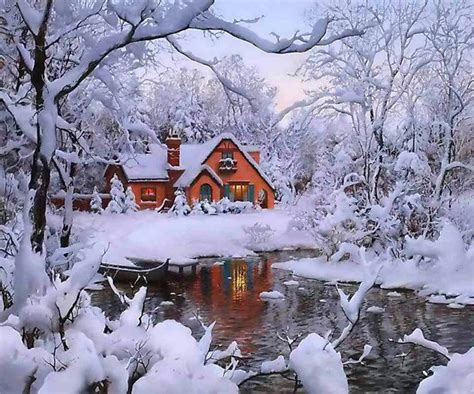 Winter scene with log cabin. | Home | Pinterest