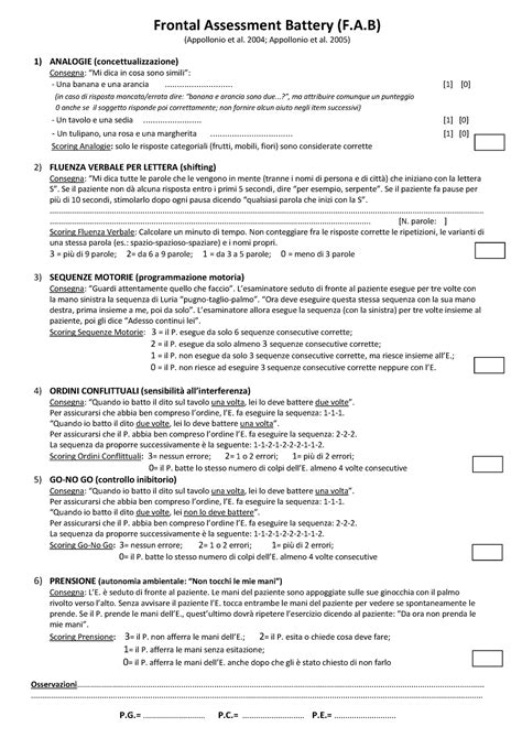 FAB notazione - test - Frontal Assessment Battery (F.A) (Appollonio et al. 2004; Appollonio et ...