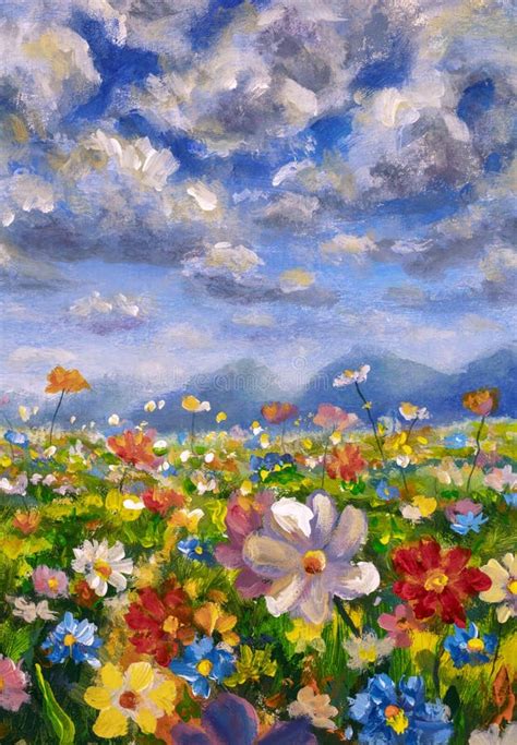 Landscape Flower Meadow Oil Painting Stock Image - Image of paintings, flower: 192450293