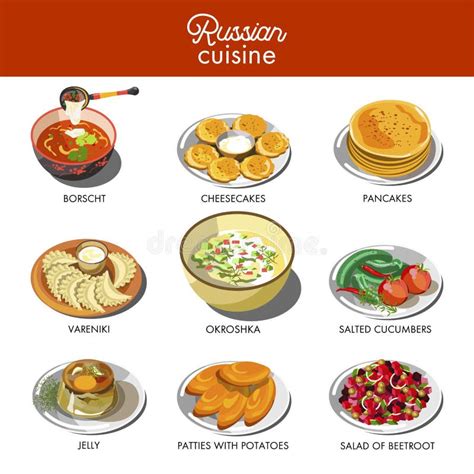 Russian Cuisine Traditional Food Dishes Stock Vector - Illustration of ...