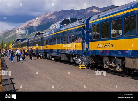 Alaska Railroad train arriving at Denali Train Station, Denali National Park, Alaska Stock Photo ...