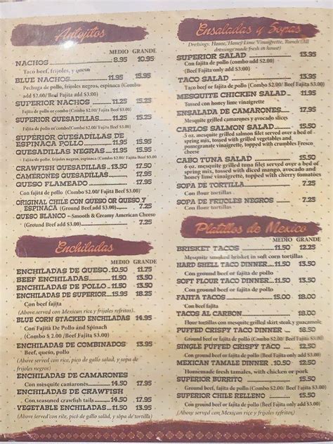 Menu at Superior Grill restaurant, Shreveport