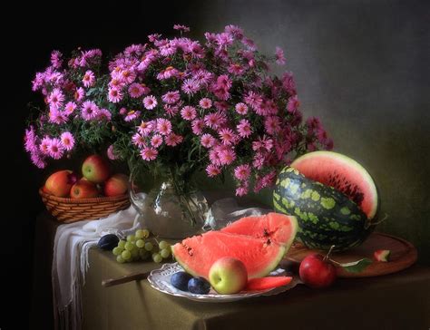 Still Life With Flowers And Fruit Photograph by