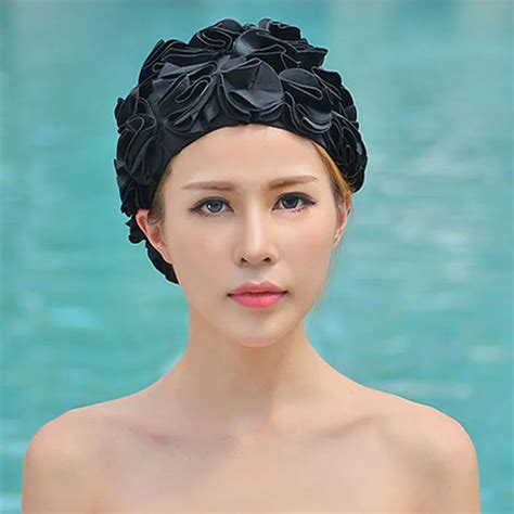 3D Flowers Women Swimming Cap Adult Swim Sports Pool Swimwear Ladies Solid Color Elastic Swim ...