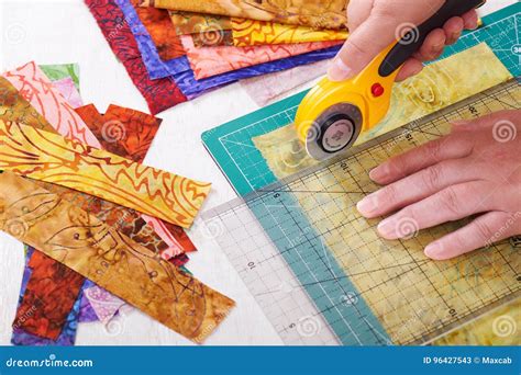 Process Cutting Fabric Pieces by Rotary Cutter on Mat Using Ruler Stock Image - Image of blade ...