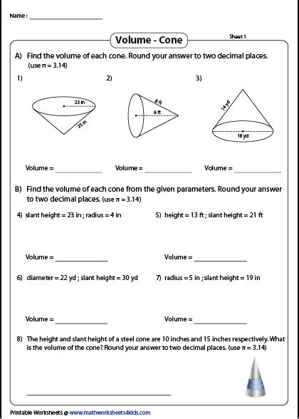 Volume of a Cone Worksheets | Volume worksheets, Kindergarten addition worksheets, Shape tracing ...