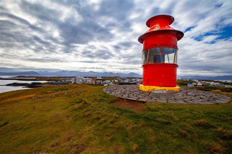 Lighthouse looking down on the town of Stykkishólmur, Iceland