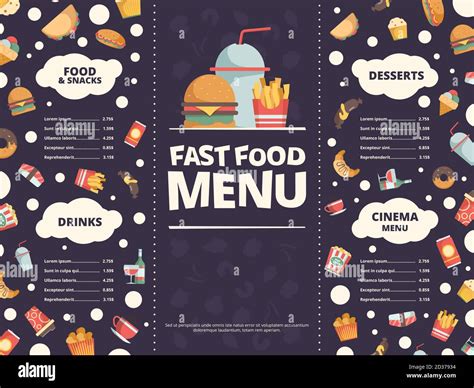 Fast food menu. Design template of restaurant menu with fast food flat pictures burger cold ...