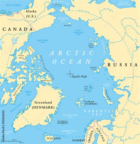 Arctic Ocean map with North Pole and Arctic Circle. Arctic region map ...