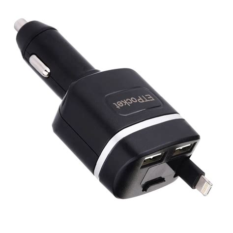 Car Chargers 2in1 Retractable Tangle free Cable Build in Vehicle Charging 2 USB Ports Car ...