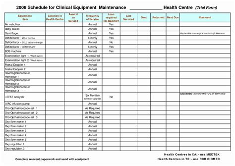 Equipment Maintenance Schedule Template Excel