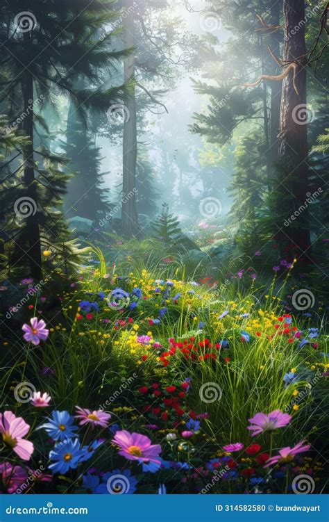 Lush Forest Abundant with Flowers and Trees Stock Illustration ...