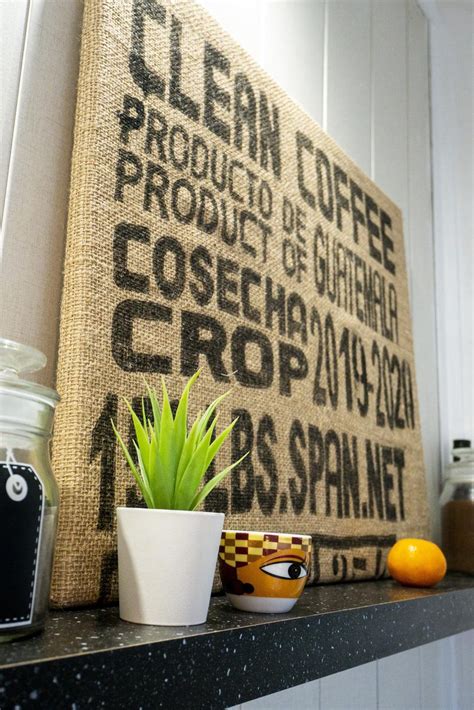 Coffee wall art for kitchen decor Framed burlap bag with print | Etsy | Coffee bag crafts ...