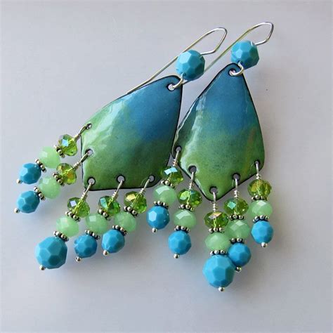 Chandelier earrings, spring jewelry green blue enamel jewelry bohemian turquoise dangles ...