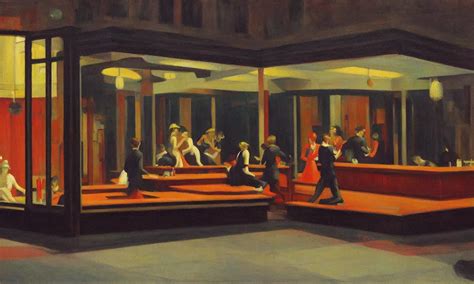 an edward hopper style painting of a busy street of ( | Stable Diffusion