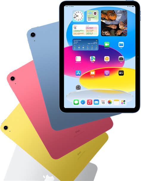 มุมมองด้านหน้าของ iPad ที่แสดงหน้าจอโฮมโดยมี iPad สีฟ้า สีชมพู สีเหลือง ...