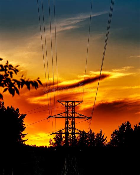 Power Line Tower on the Background of the Sunset Sky Stock Photo ...