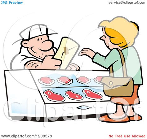 Cartoon of a Friendly Caucasian Butcher Handing a Cut of Meat to a Customer - Royalty Free ...