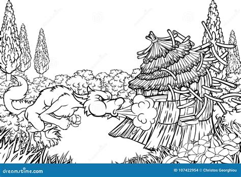 Big Bad Wolf Blowing Down House Three Little Pigs Vector Illustration ...